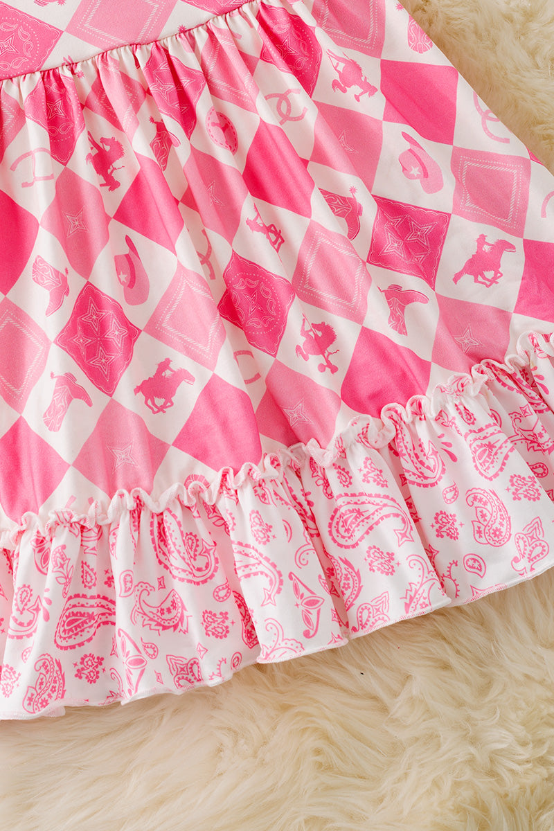 Cowgirl diamond print dress with ruffle hem and angel sleeves. DRG51210
