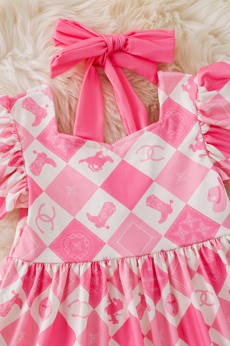 Cowgirl diamond print dress with ruffle hem and angel sleeves. DRG51210