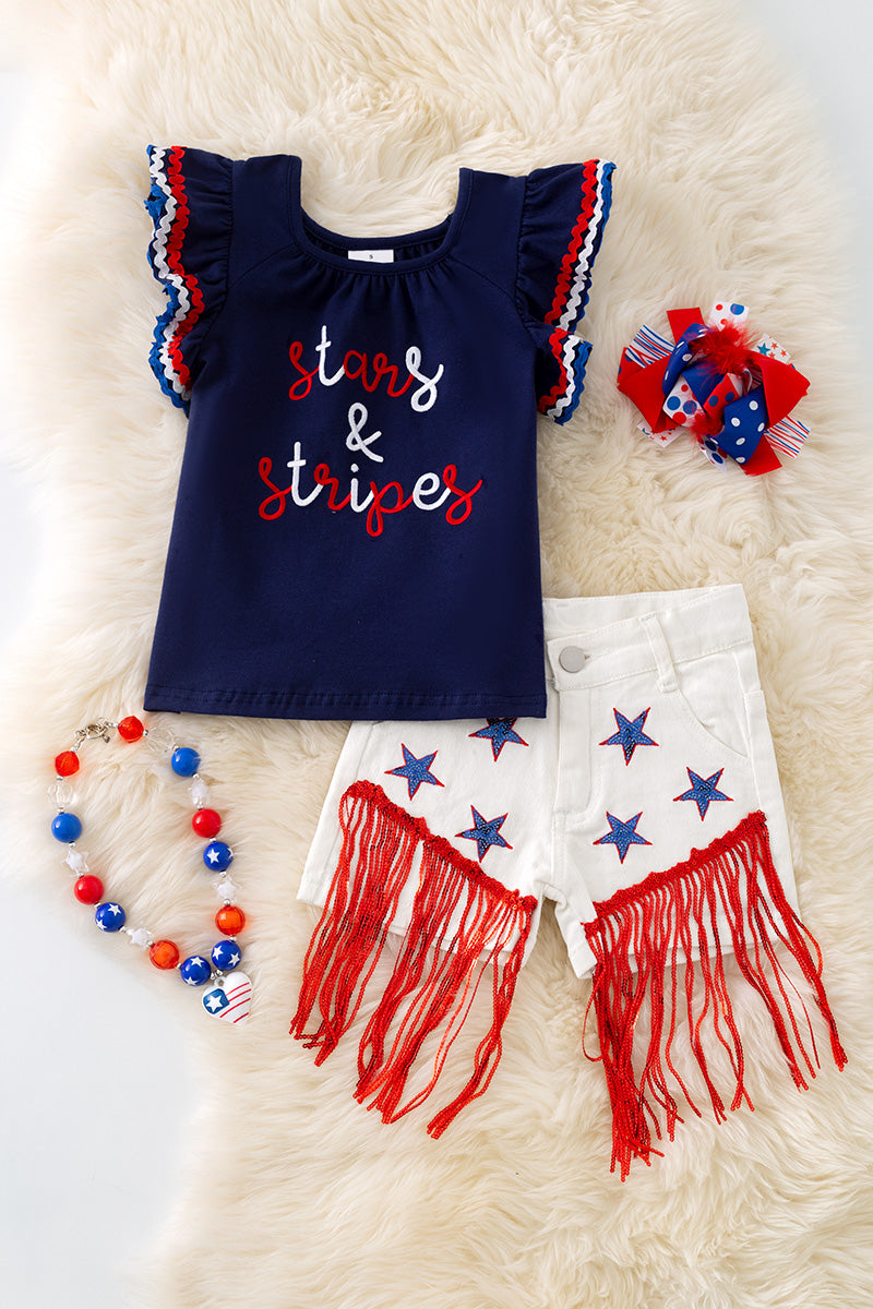 Stars & Stripes patriotic navy blue top & white denim shorts.