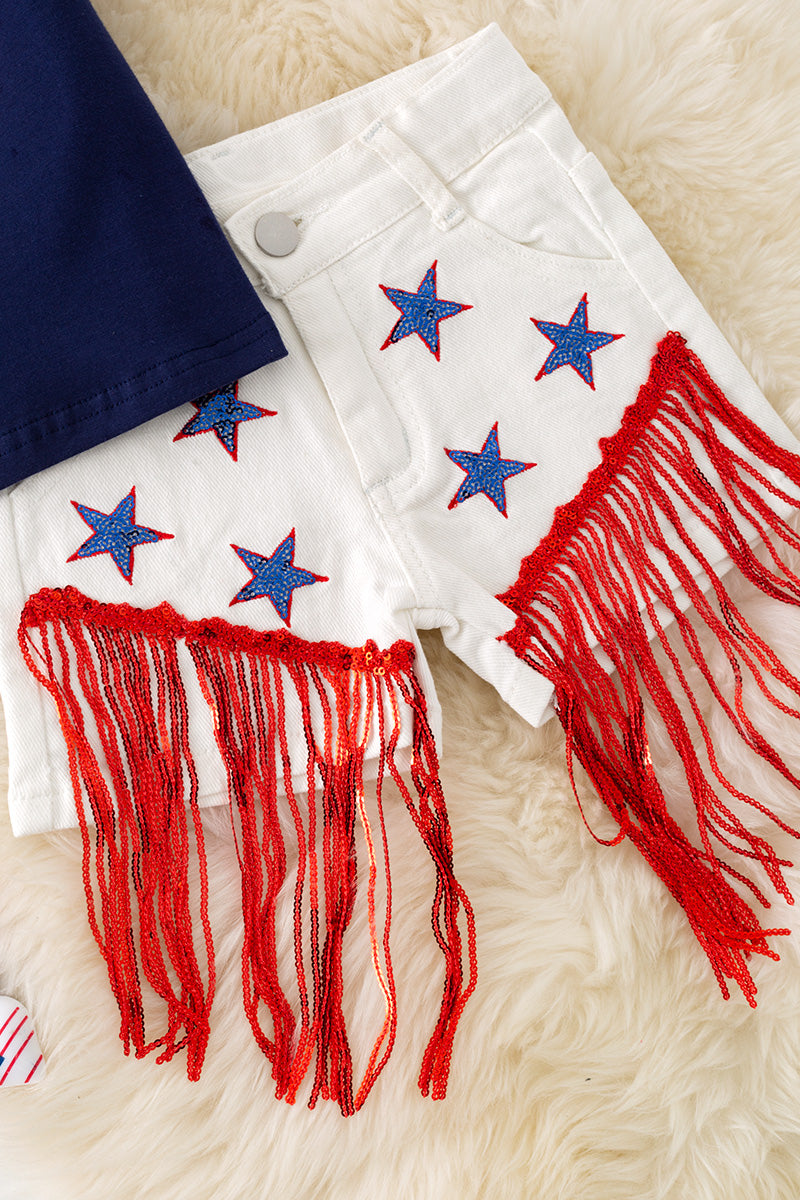 Stars & Stripes patriotic navy blue top & white denim shorts.