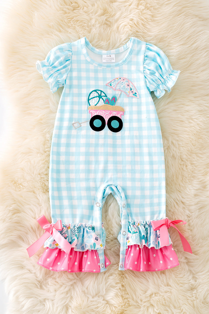 Gingham wagon application girls baby romper.
