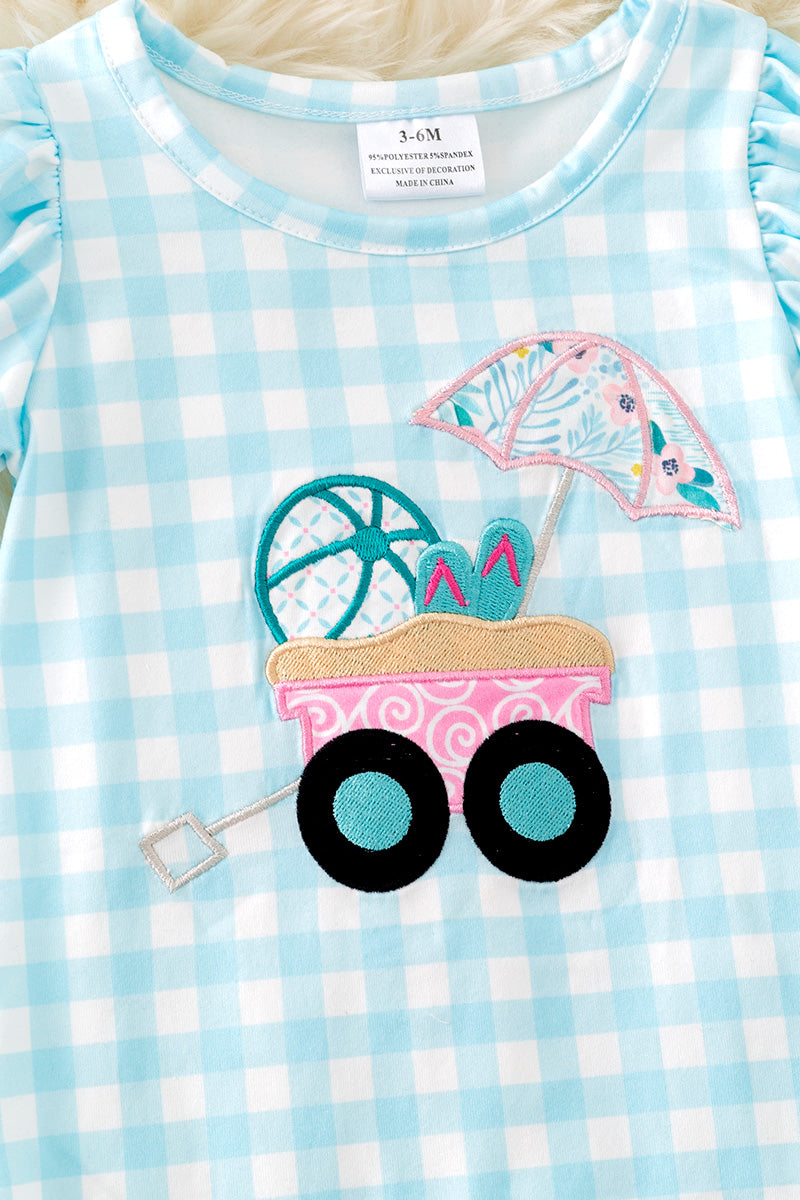 Gingham wagon application girls baby romper.