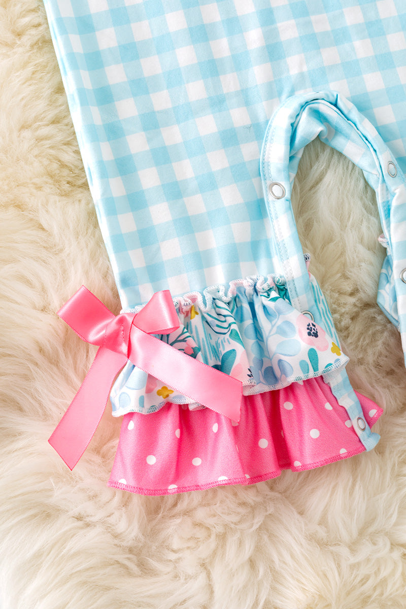 Gingham wagon application girls baby romper.