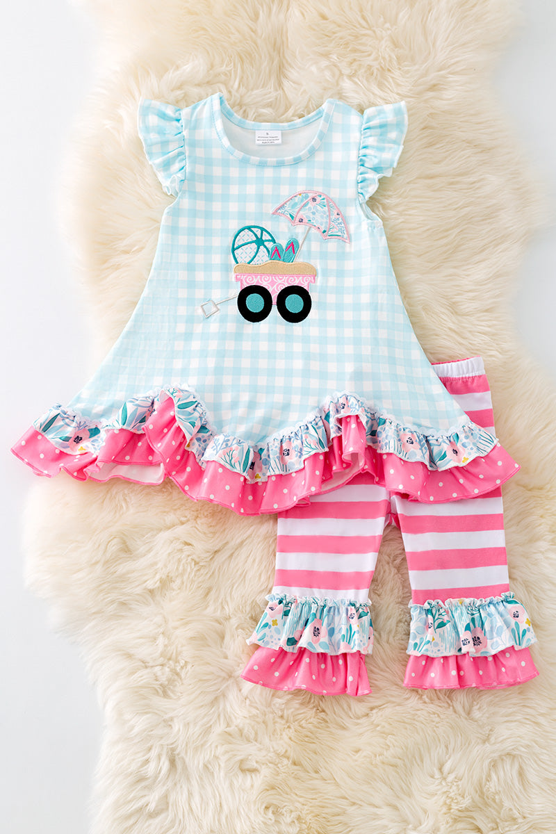 Gingham wagon application girls tunic w/ruffle & stripe bottoms.