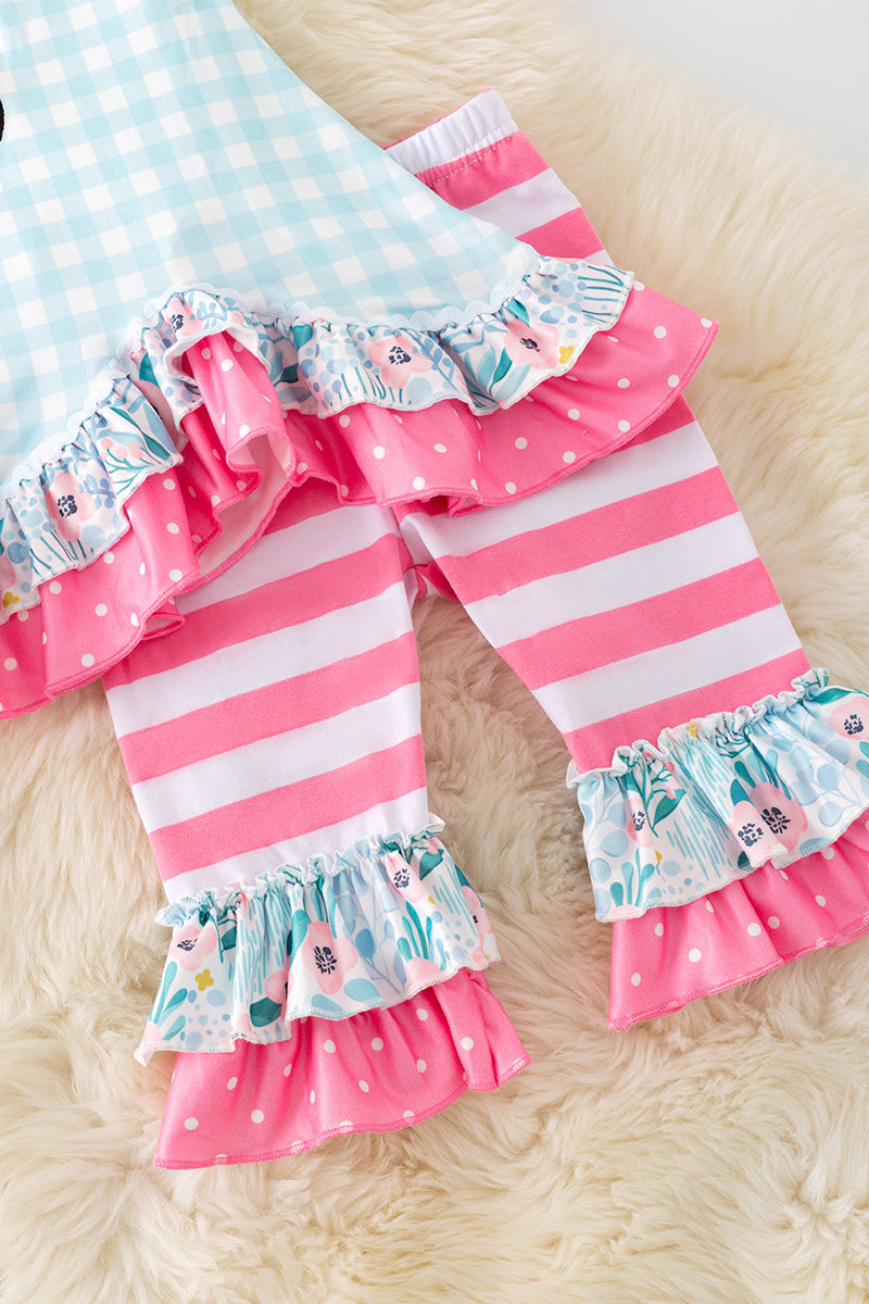 Gingham wagon application girls tunic w/ruffle & stripe bottoms.