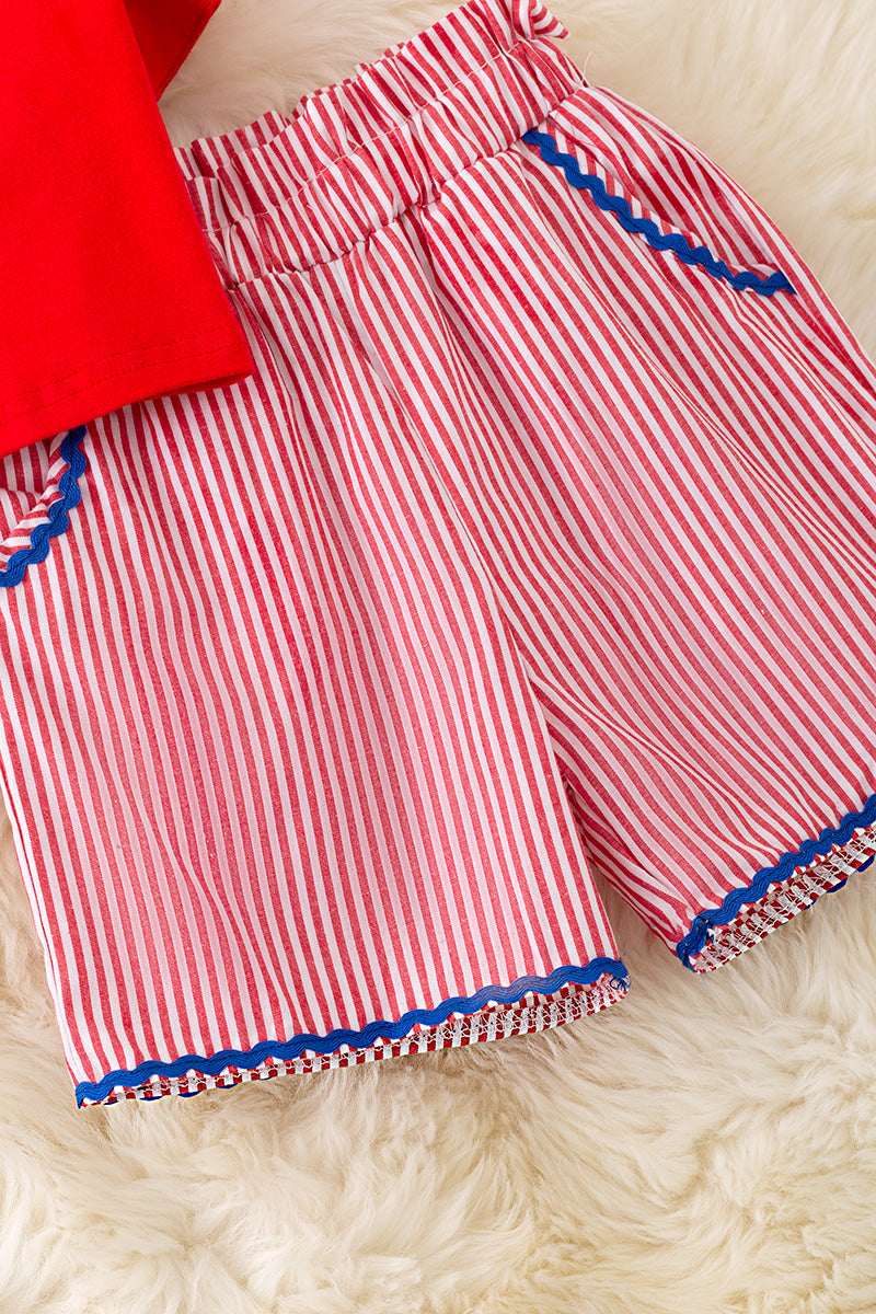 USA sequins applique red top & stripe shorts.