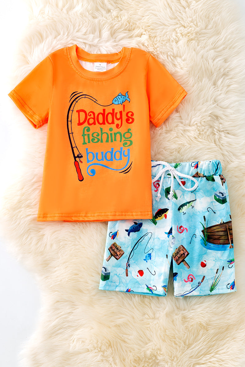 "Daddy's Fishing buddy" Orange tee & fish printed shorts.