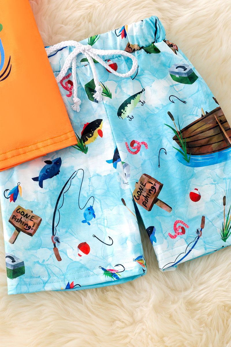 "Daddy's Fishing buddy" Orange tee & fish printed shorts.