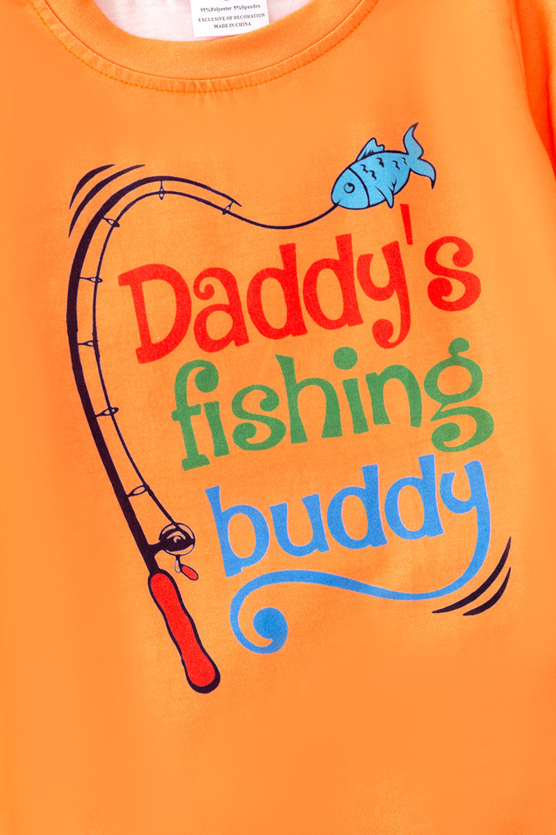 "Daddy's Fishing buddy" Orange tee & fish printed shorts.