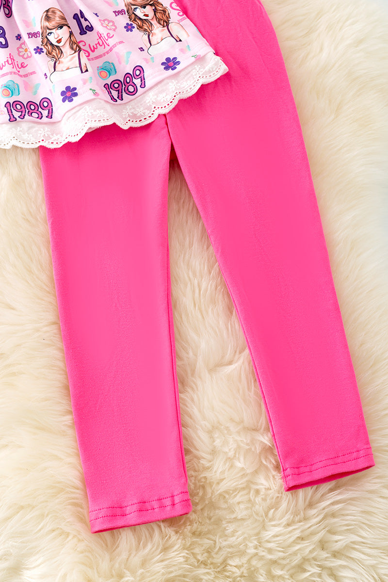 Girls embroidered tunic and fuchsia leggings. OFG50623
