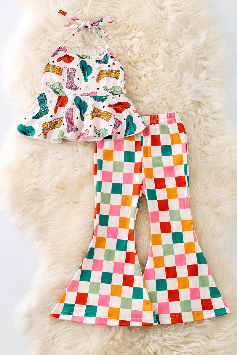 Cowgirl boots & checker printed bottoms 2 piece set.