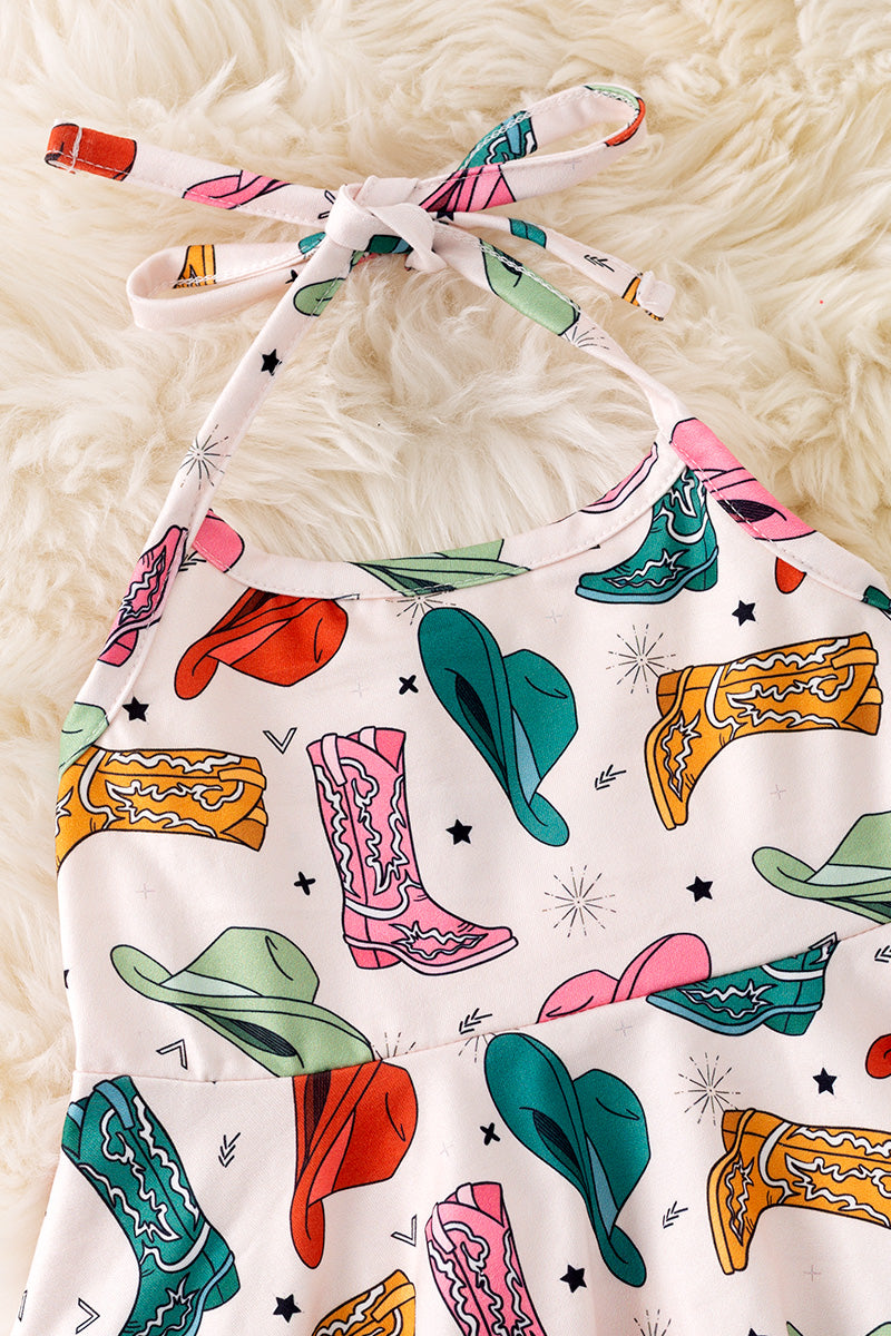Cowgirl boots & checker printed bottoms 2 piece set.