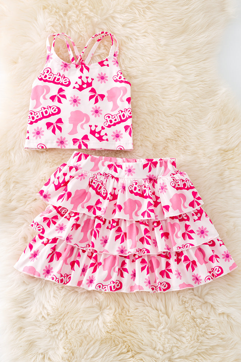 Pink top & skort with 3 layer ruffle hem. OFG50886