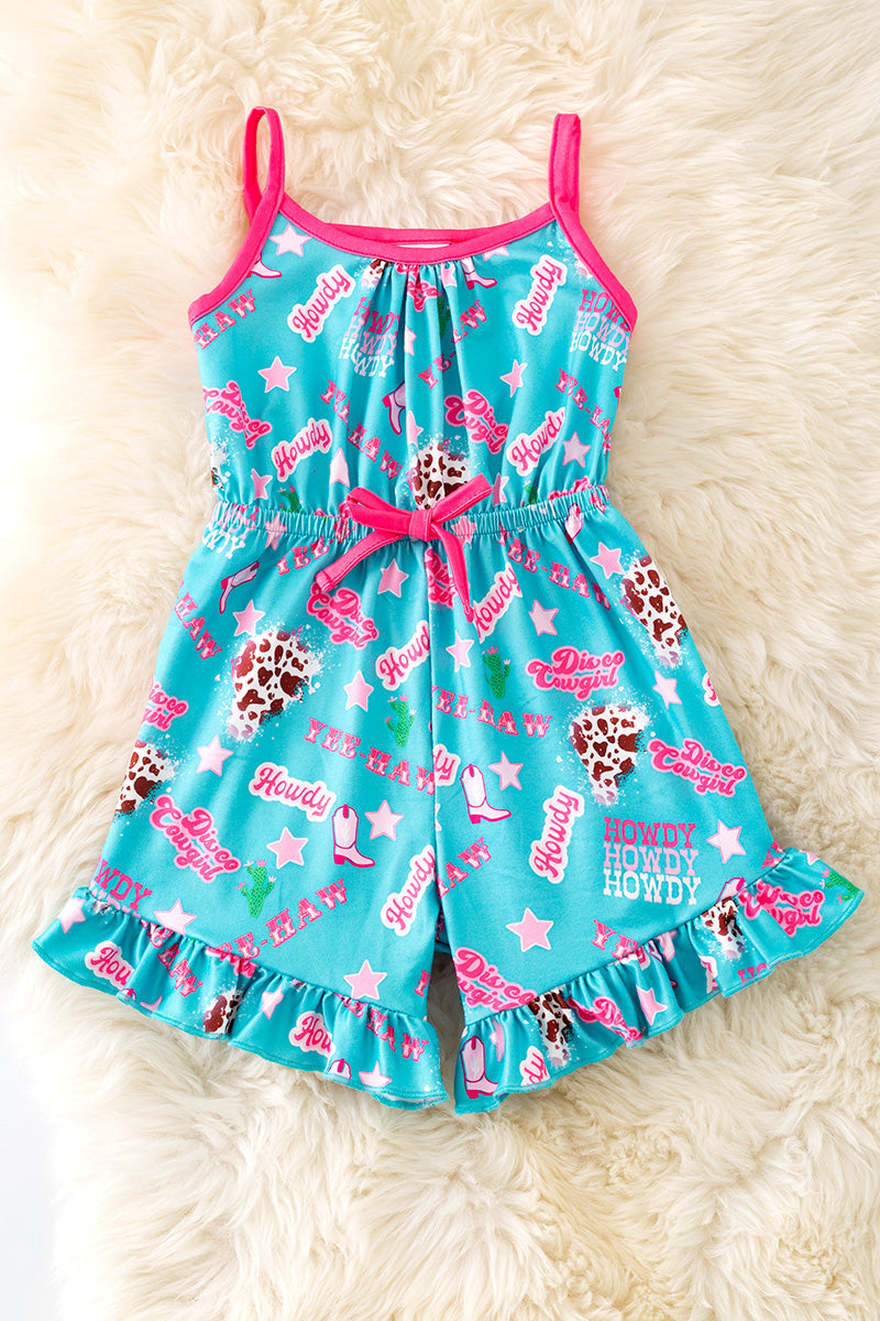 Howdy turquoise romper with fuchsia trim and ruffle hem. PNG50208