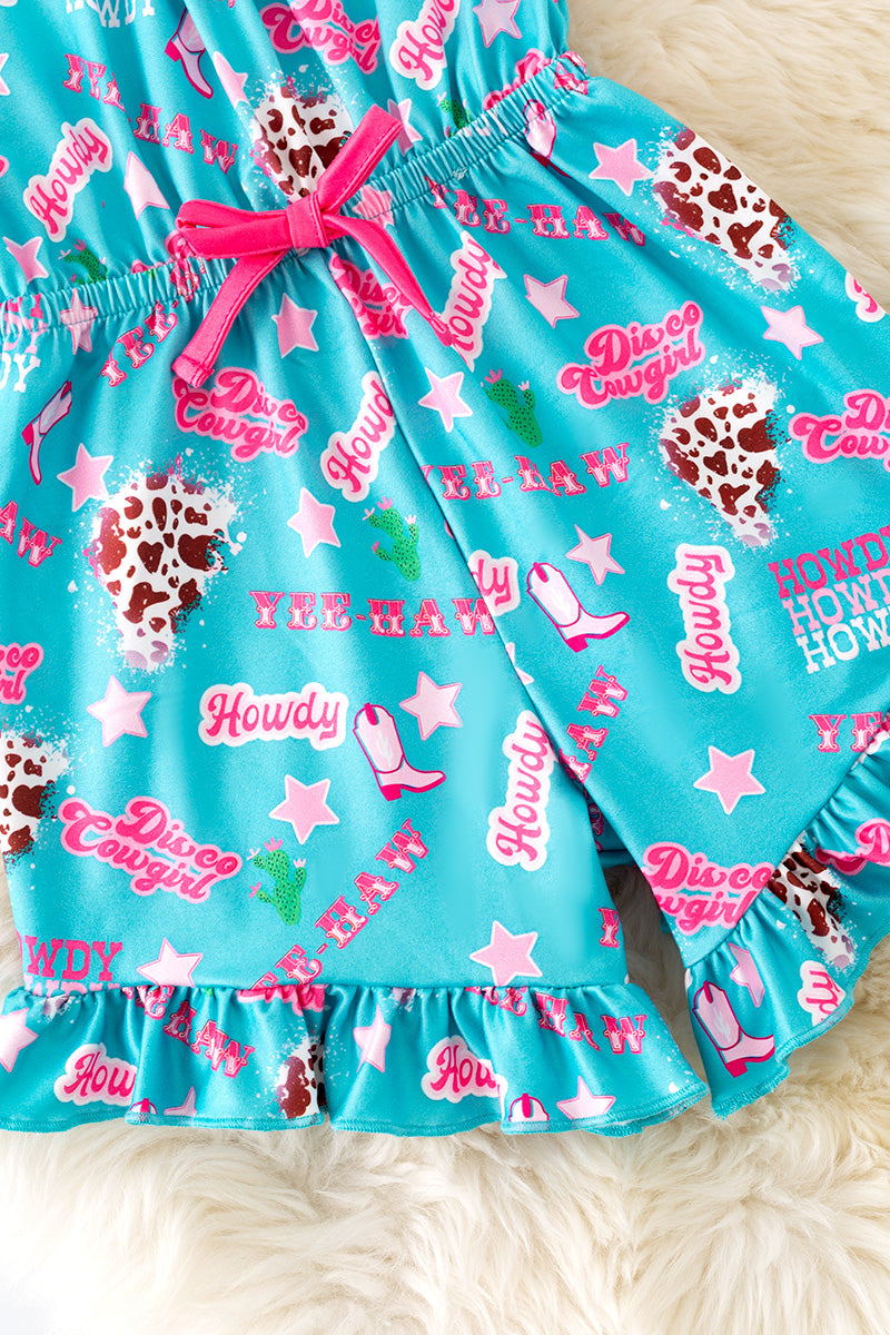 Howdy turquoise romper with fuchsia trim and ruffle hem. PNG50208