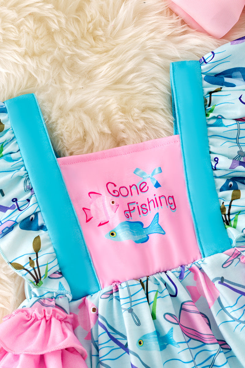 Ruffle butt, gone fishing baby onesie with snaps. RPG50601