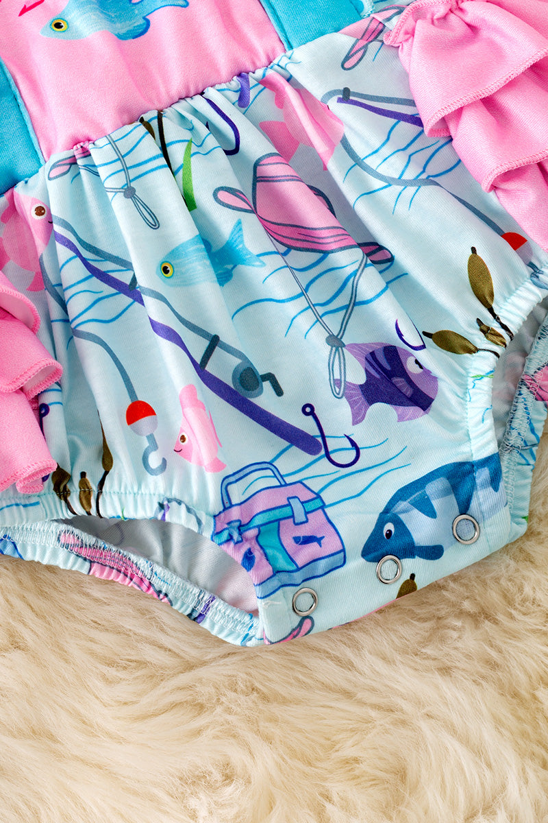 Ruffle butt, gone fishing baby onesie with snaps. RPG50601