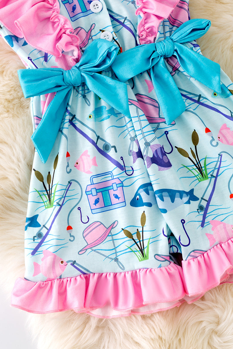 Gone fishing-light blue fish printed romper with ruffle hem. PNG50148