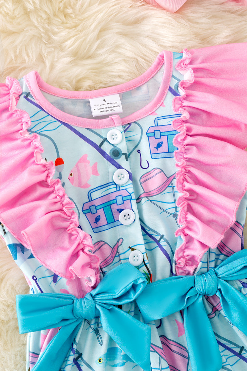 Gone fishing-light blue fish printed romper with ruffle hem. PNG50148