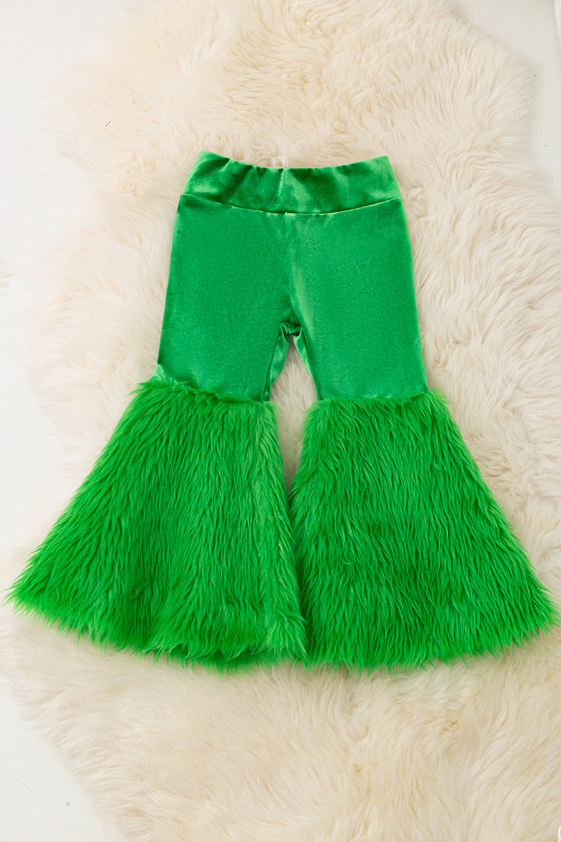 Green Velvety and fur bell bottoms.