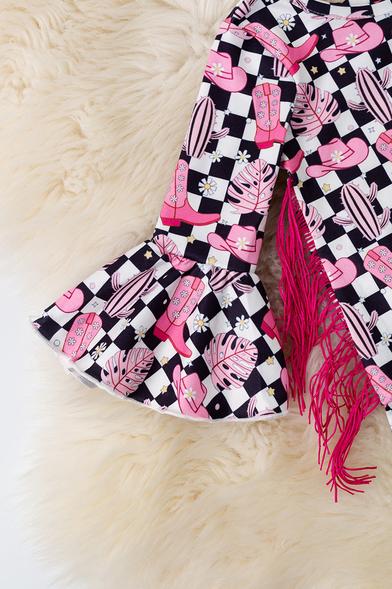 Checkered -western printed baby bodysuit w/bell sleeves. RPG61267 AMY