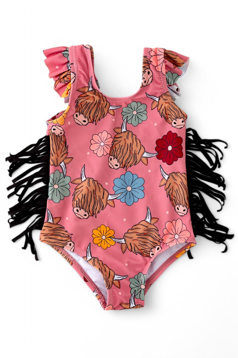 Highland cow & floral girl swimsuit.