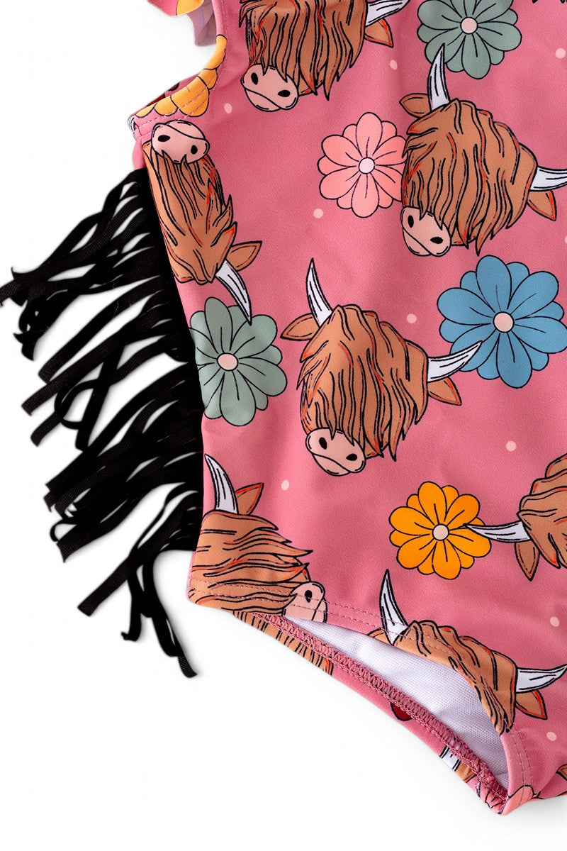 Highland cow & floral girl swimsuit.