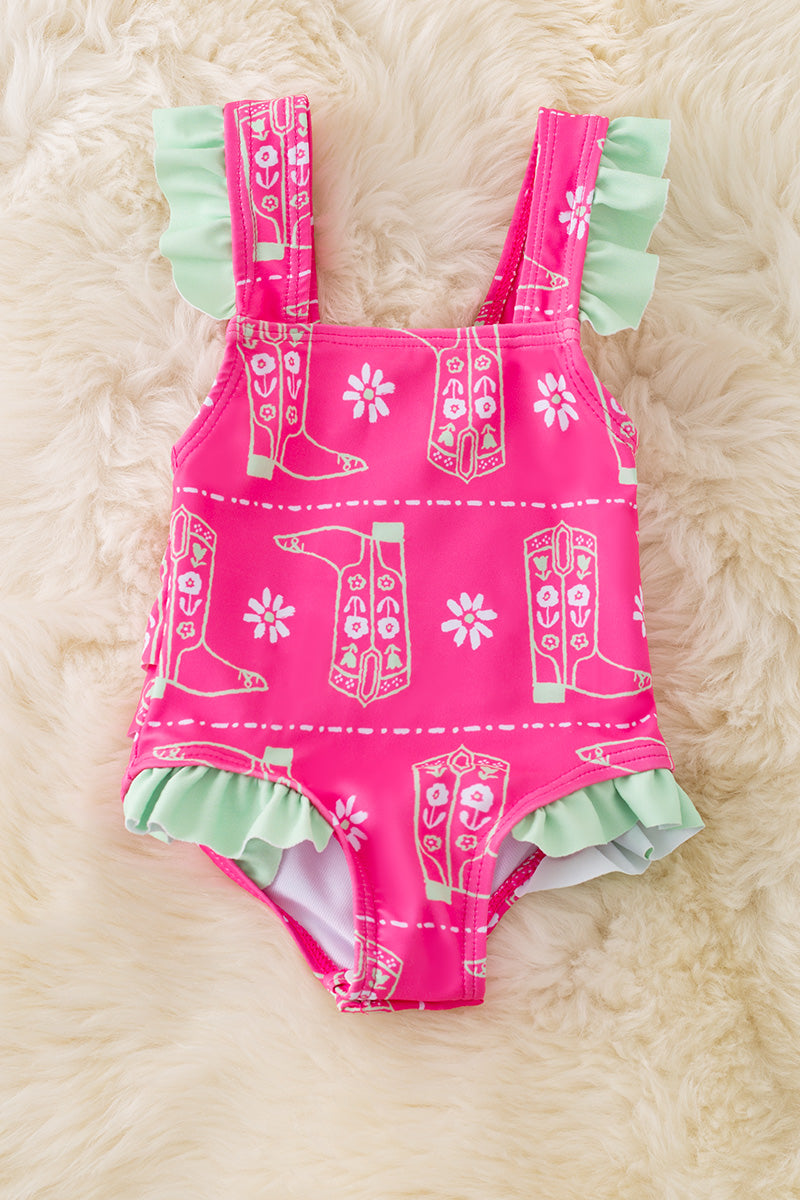 Baby Fuchsia boot/western printed swimsuit with mint ruffle trim. SWG50174