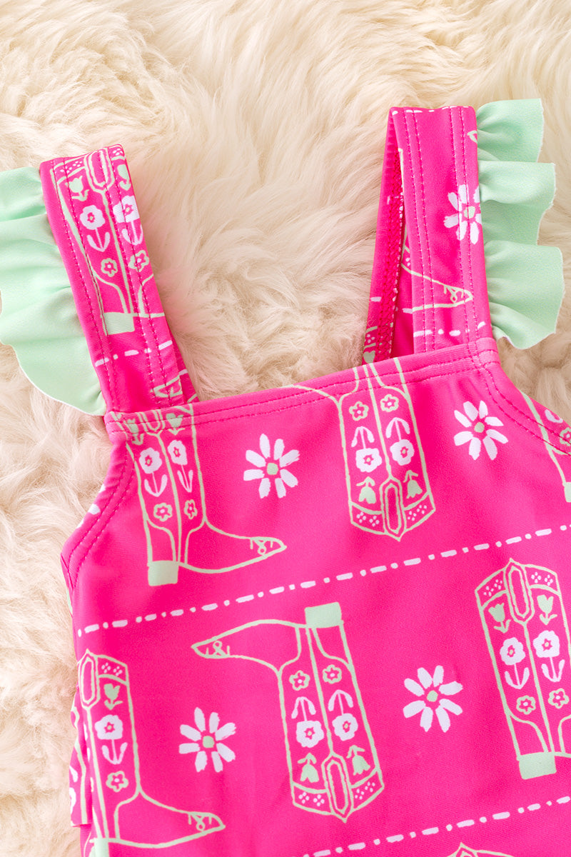 Baby Fuchsia boot/western printed swimsuit with mint ruffle trim. SWG50174