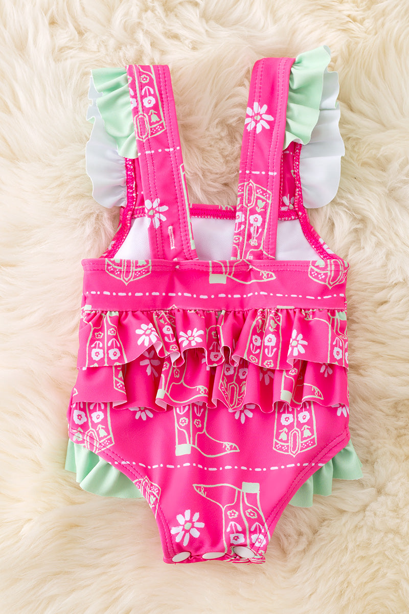Baby Fuchsia boot/western printed swimsuit with mint ruffle trim. SWG50174