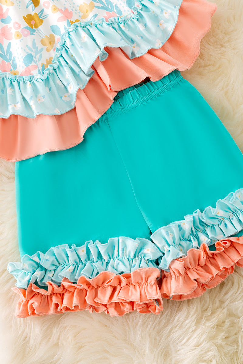 Peach & mint floral ruffle tunic & ruffle shorts. OFG50406