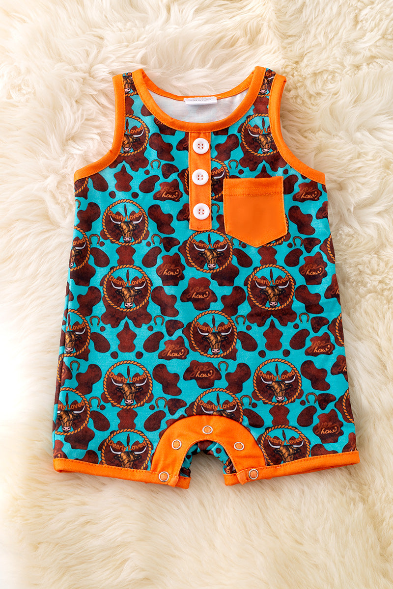 "Dearly Loved" Highland cow printed boys baby romper with snaps. RPB50273
