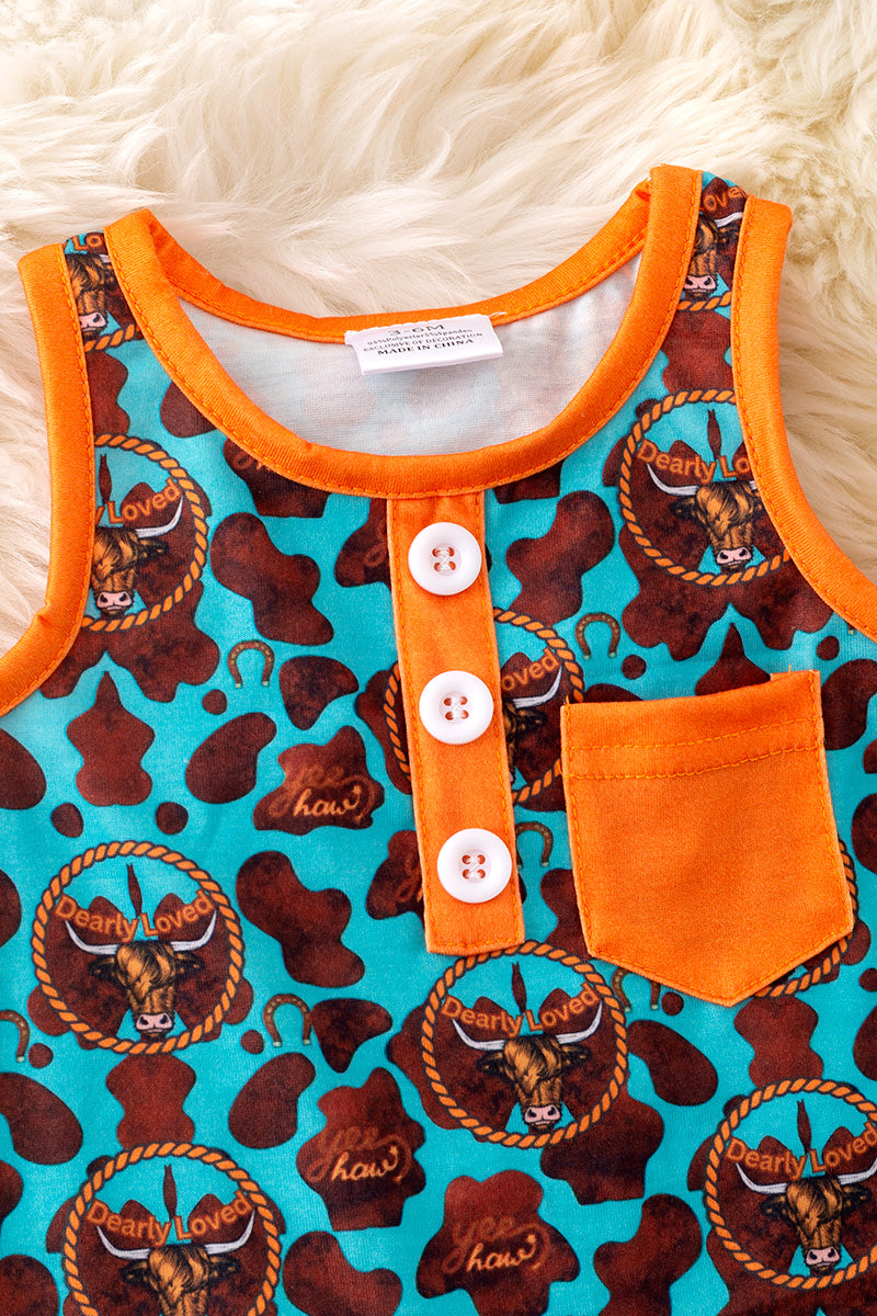 "Dearly Loved" Highland cow printed boys baby romper with snaps. RPB50273