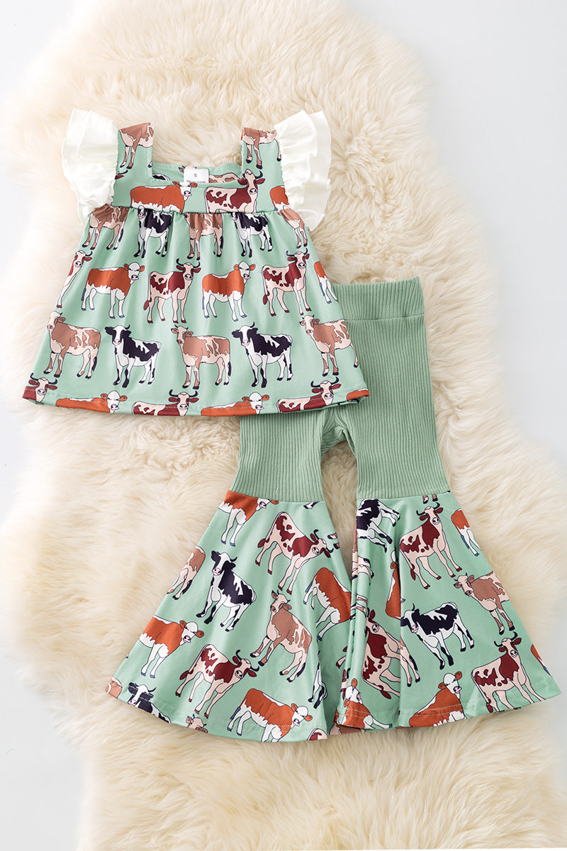 Multi-Cow printed girls tunic & bell bottoms. OFG50912
