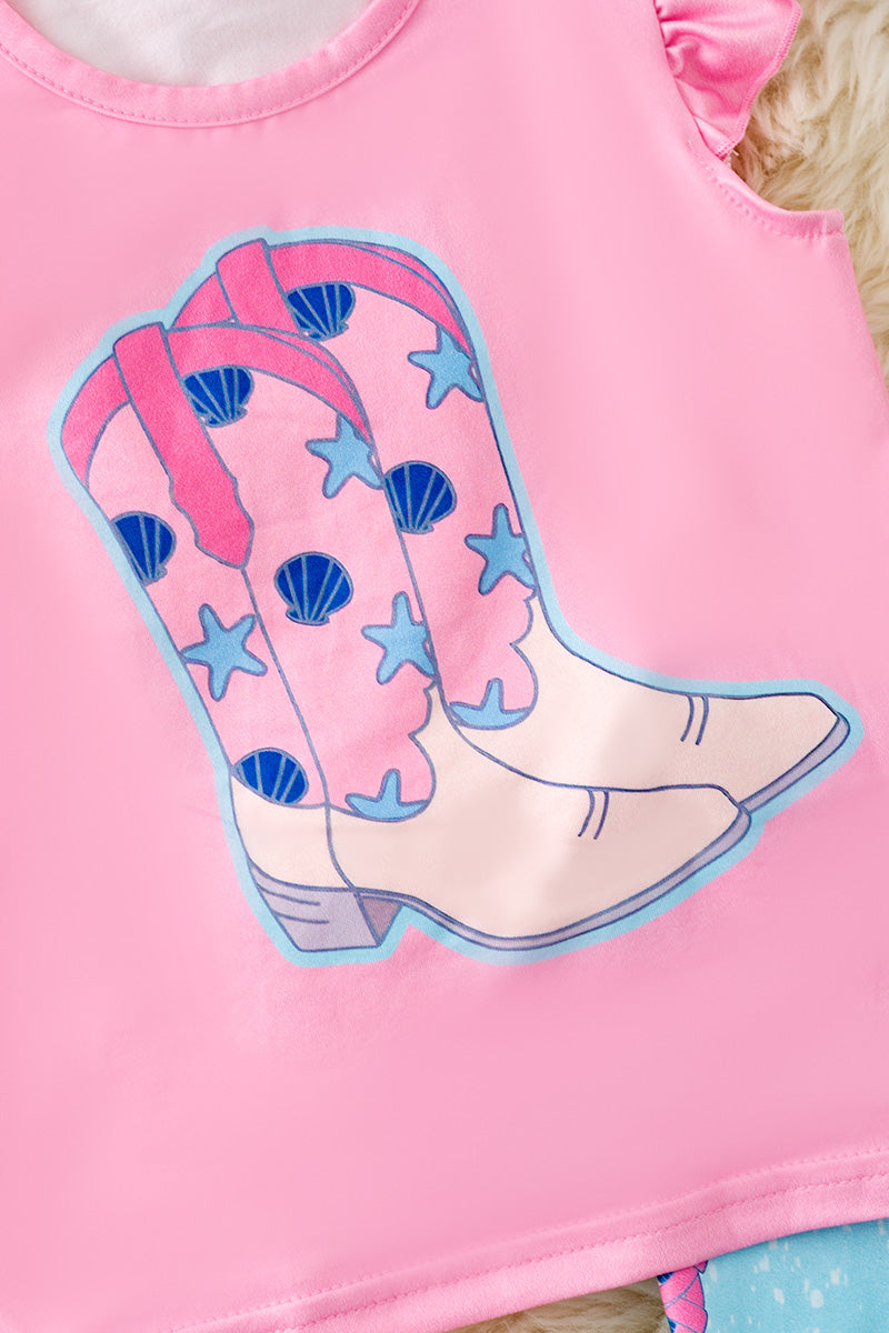 Pink angel sleeve cowgirl boot top & blue pants. OFG50916