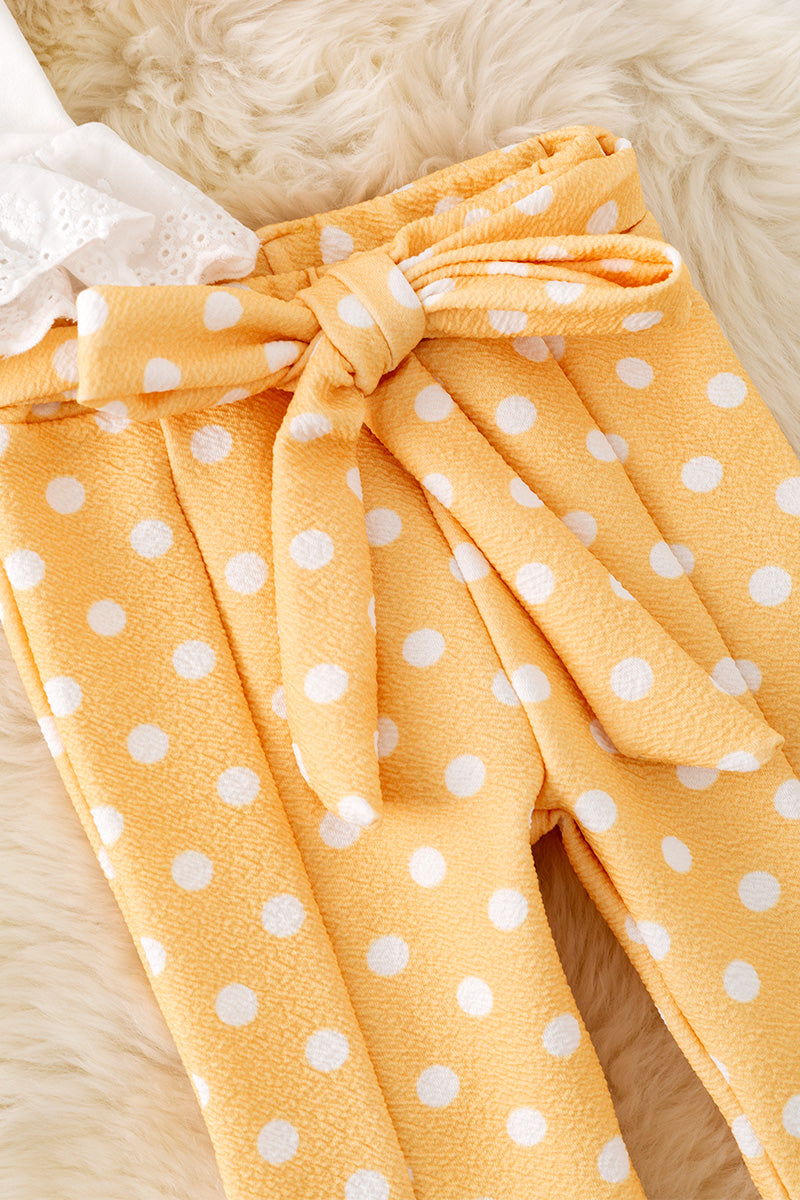 Daisy embroidered crop top & yellow pants w/polka dot. OFG50389