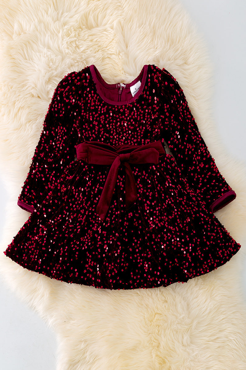 Holiday Long Sleeve Dress w/ Wine Sequins