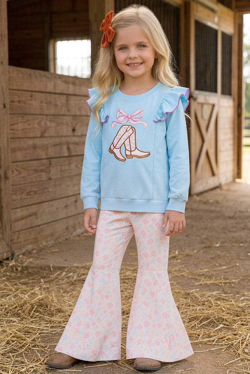 Lt. Blue Sweatshirt with boots applique and floral bell bottoms. OFG61398 MOn