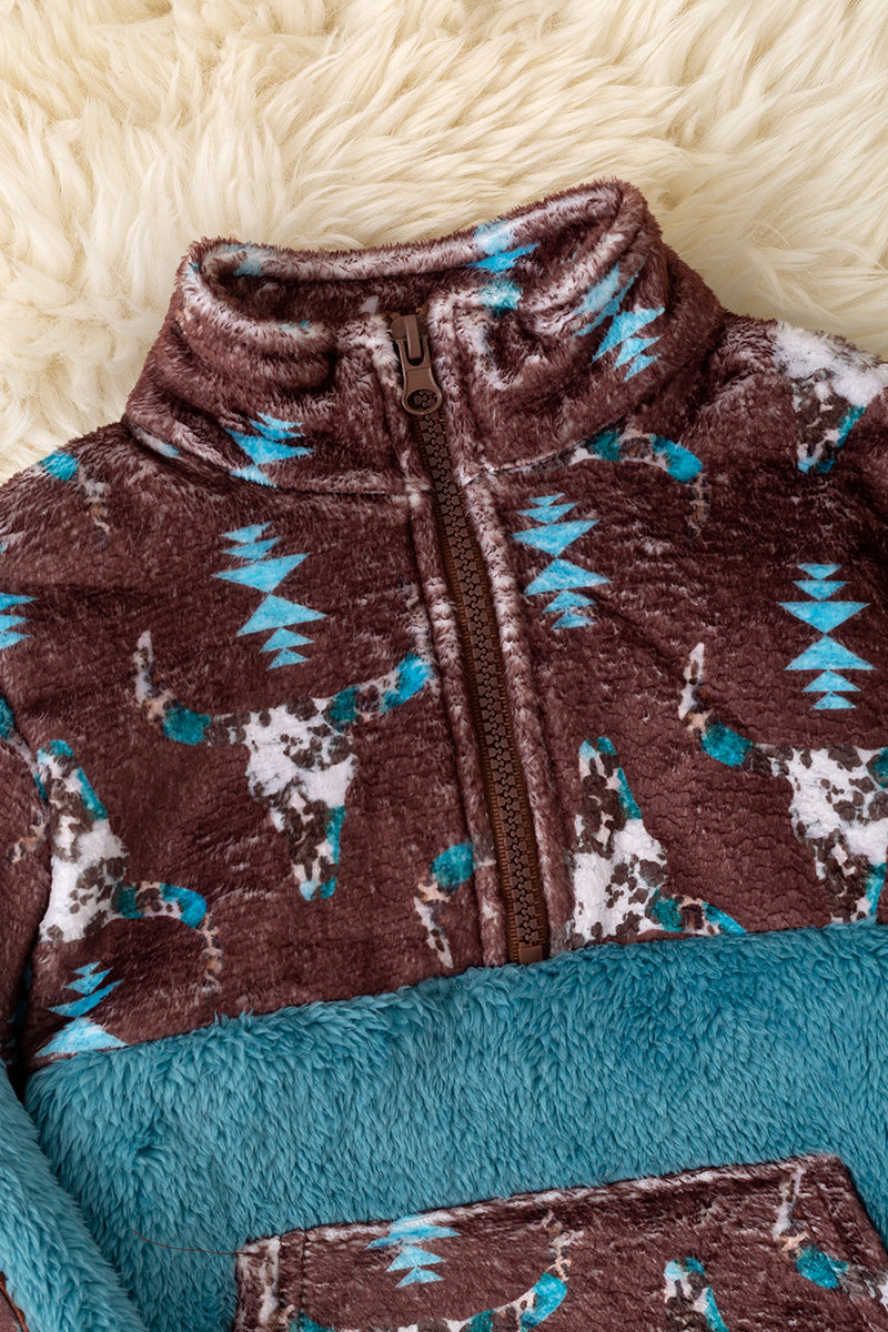 Sherpa & fleece aztec printed on teal pullover. (WESTERN)