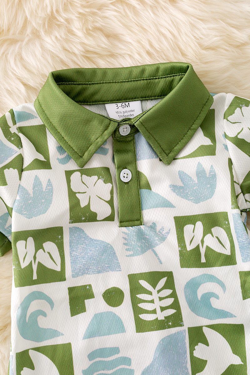 Multi-printed tropical green and blue checker boys baby romper. RPB50288
