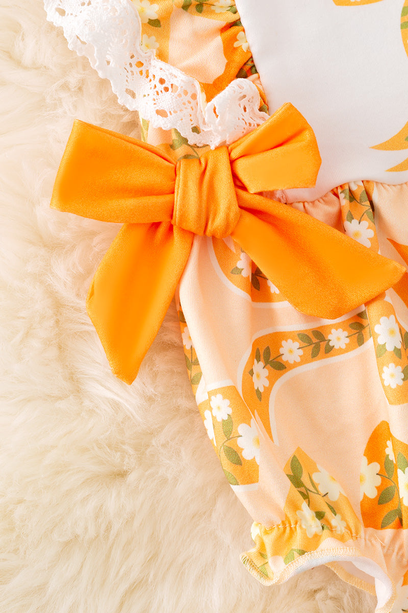 Yellow coquette bow printed girls baby romper. RPG51306
