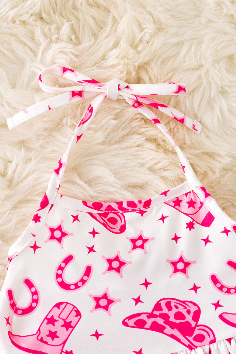 Horseshoe Printed Girls Halter Top and Fuchsia Bell Bottoms. OFG50830