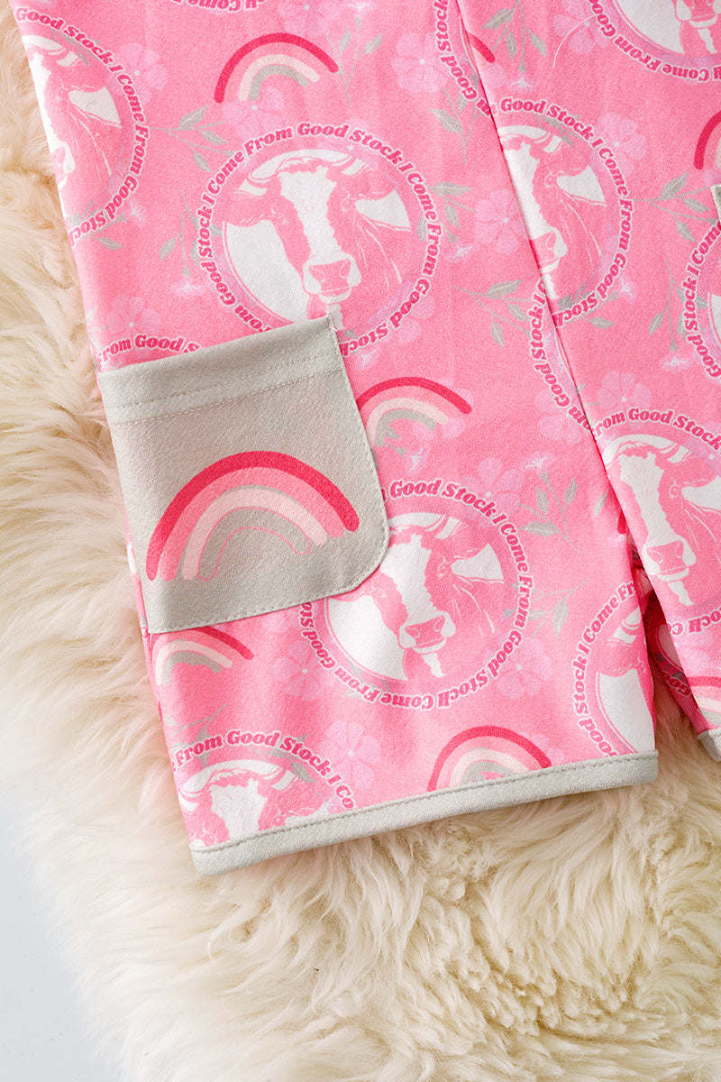 " I come from good stock" cow & rainbow printed girls romper. PNG50150