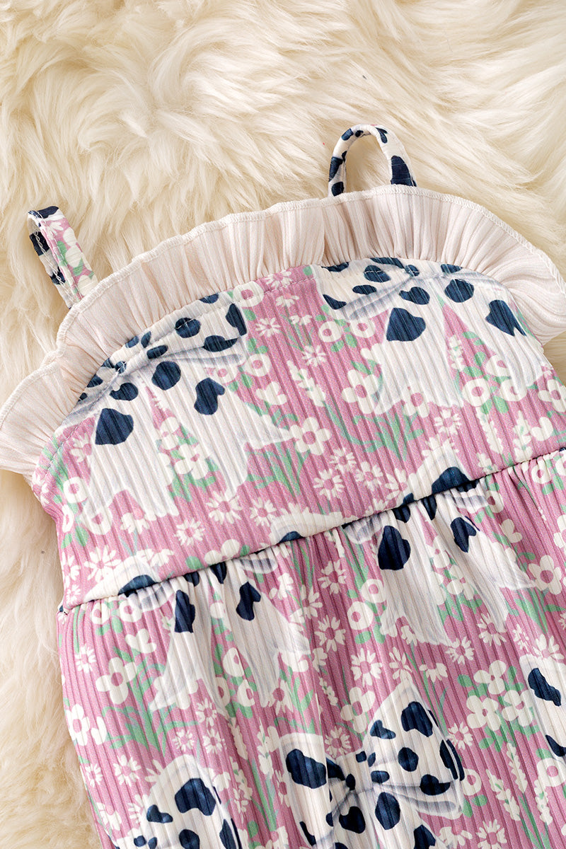 Cameo cow coquette printed bow baby romper w/ruffle hem. RPG50743