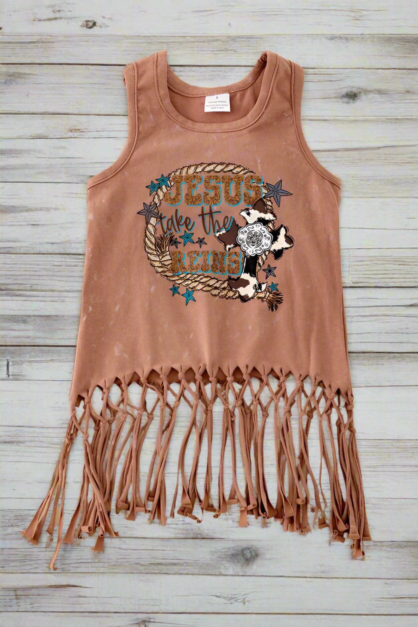 "Jesus take the Reins" rustic brown tank top w/ fringe
