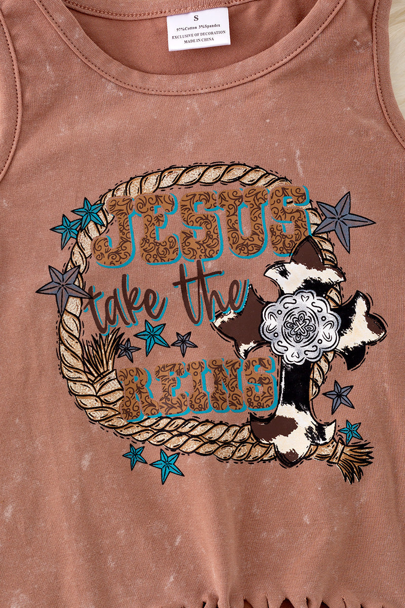 "Jesus take the Reins" rustic brown tank top w/ fringe