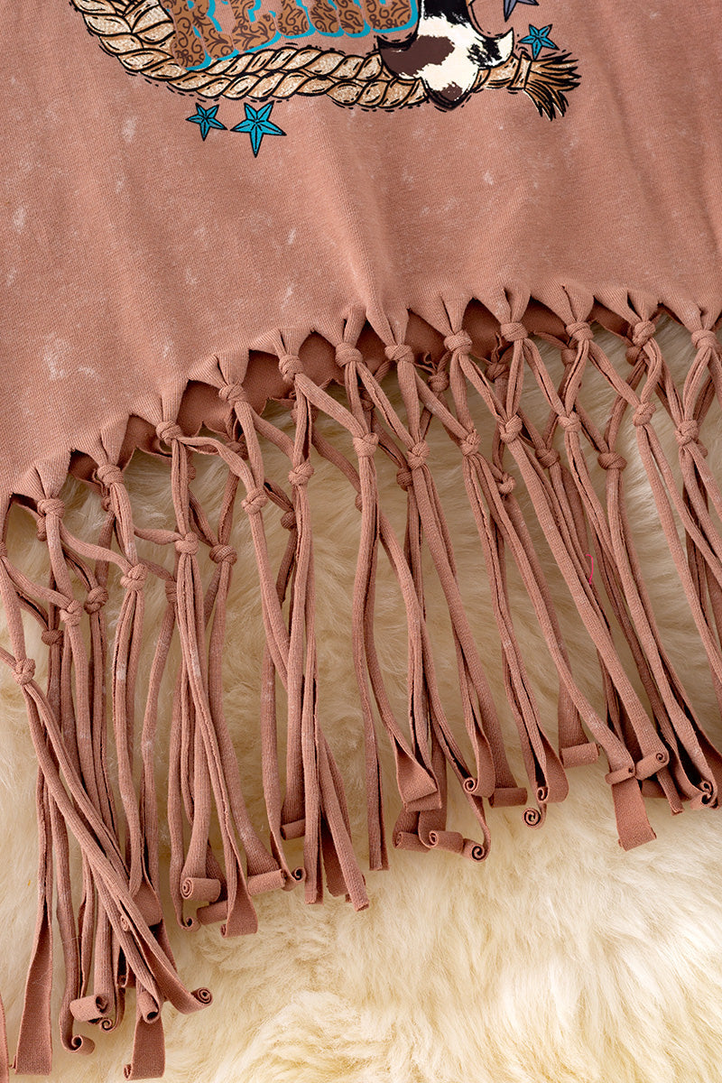 "Jesus take the Reins" rustic brown tank top w/ fringe
