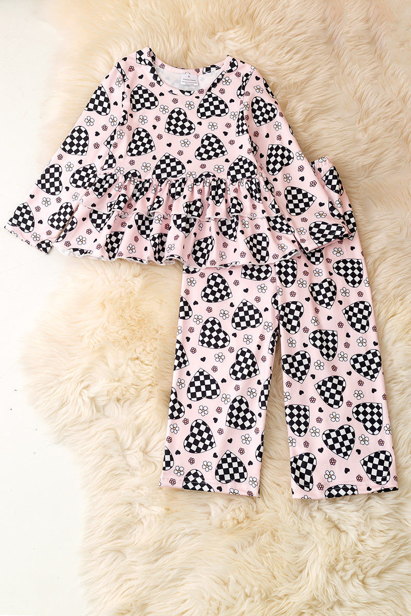 Checker heart printed girls tunic & pants.