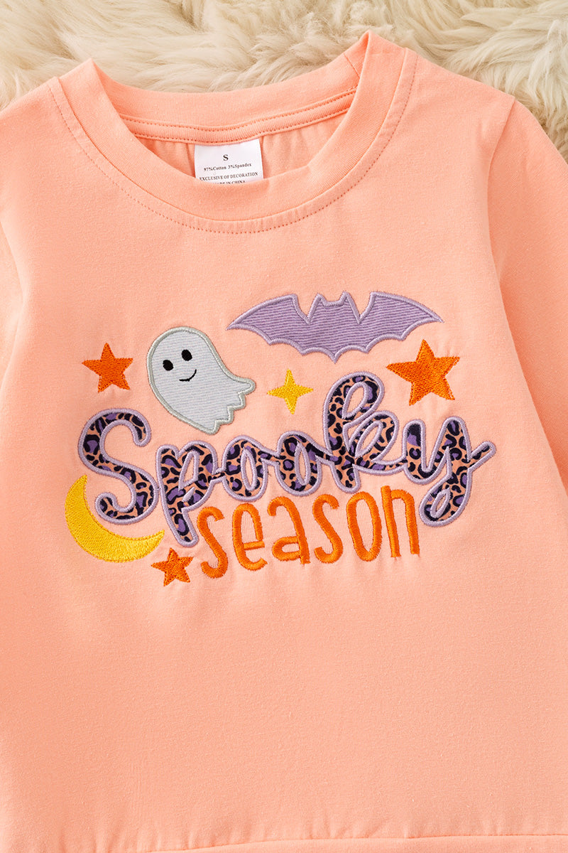 "Spooky Season" Coral applique sweatshirt with animal printed bell bottoms. OFG61728 -M-