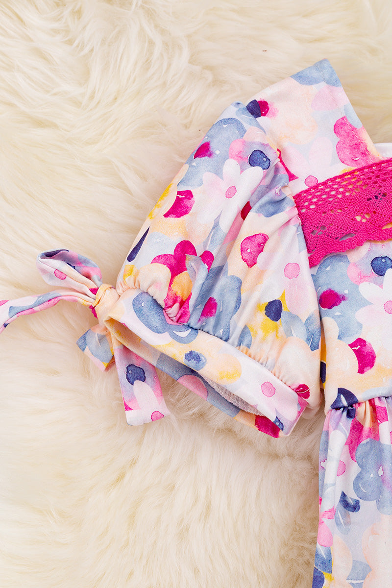 Fuchsia detail on floral printed flare dress
